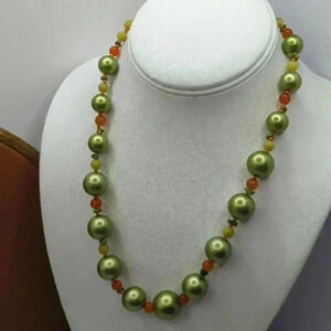 Peridot faux pearl & orange glass Beaded Necklace + jade pieces